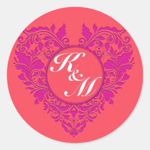 HeartyParty Himbeere und Magenta Damask Herz Runder Aufkleber