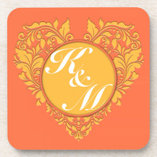HeartyParty Orange and Yellow Damask Heart Getränkeuntersetzer