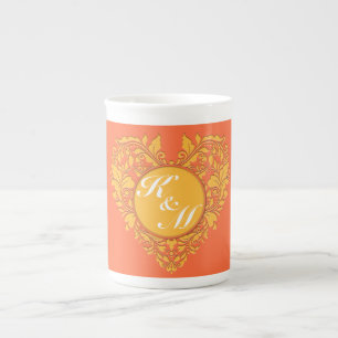 HeartyParty Orange and Yellow Damask Herz Prozellantasse