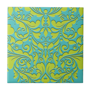 HeartyParty Türkis & Limon Damask Herz Fliese
