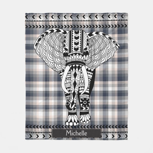 Heather Gray Cream Kariert Tribal Gemustert Elepha Fleecedecke (Vorderseite)