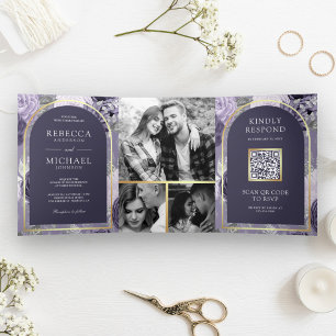 Heather Lila Floraler Torbogen QR Code Hochzeit Dreifach Gefaltete Einladung
