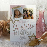 Heather Mauve Pink Bat Mitzvah Einladung<br><div class="desc">Scrapbook Stil Bat Mitzvah Einladung mit einem staubigen rosa Hintergrund. Niedliche quadratische Fotos mit glitzerndem Scrapband und David-Kunstwerk auf zerbrochenem Papier sind ein wunderschönes Vintages Aussehen für Ihre Geburtstagsfeier. Foto-Beschriftungen können in jede beliebige Wortwahl geändert werden. Lade deine Fotos einfach in die Fotorahmen hoch. Die Einladungen in Lila, Rosa und...</div>