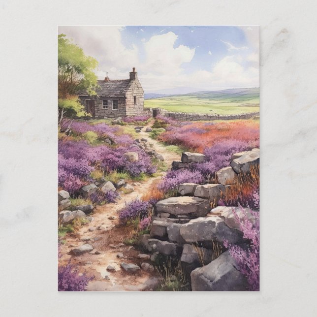 Heather Moorland und Stone House Landschaft Postkarte (Vorderseite)