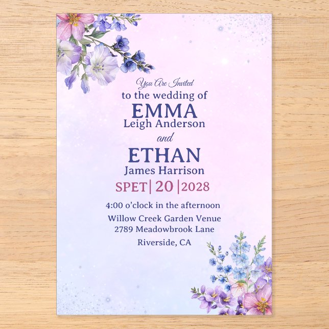 heather periwinkle plum lavender blue Wedding  Acryleinladungen (Vorderseite)
