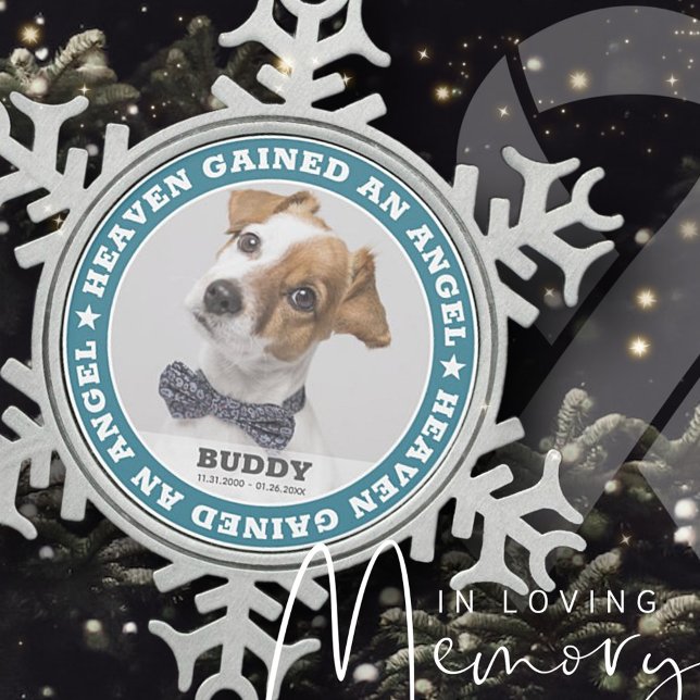 Heaven Quote Modern Pet Photo Sympathy Keepsake Schneeflocken Zinn-Ornament (Von Creator hochgeladen)
