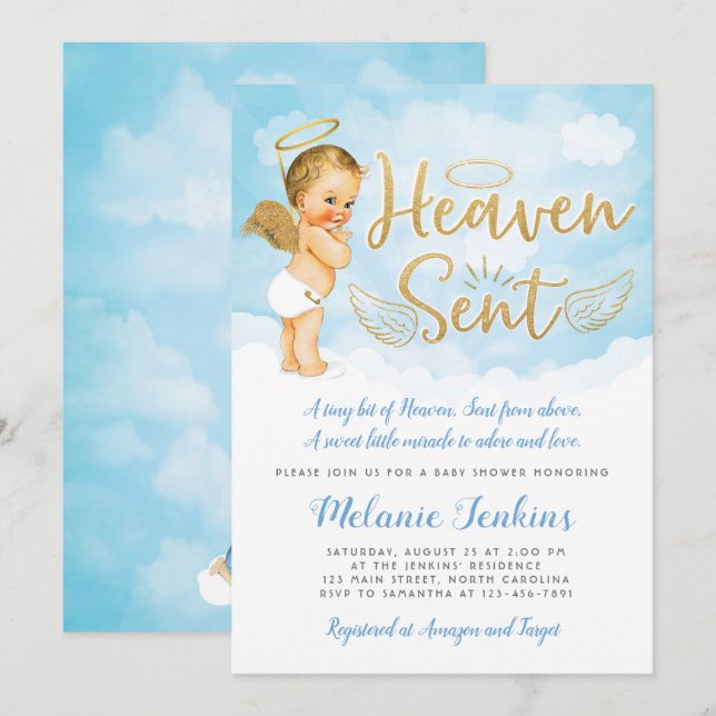 Heaven Sent Angel Boy Baby Dusche Einladung (Vorne/Hinten)