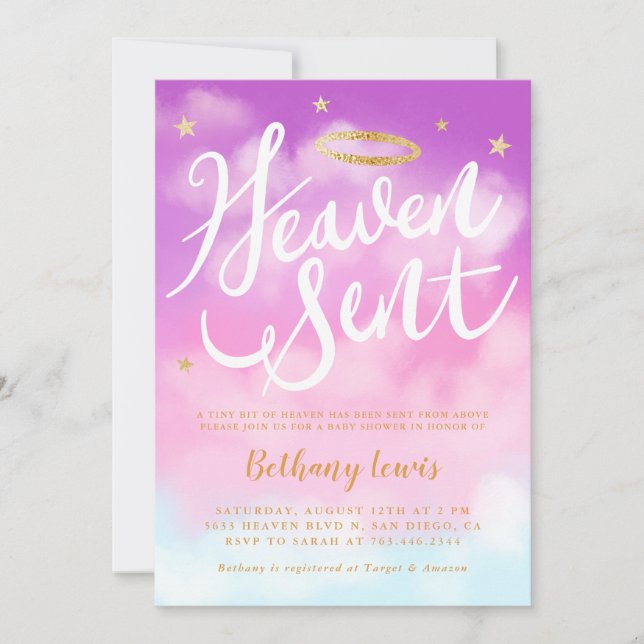 Heaven Sent Angel Gold Halo Baby Dusche Rosa Einladung (Vorderseite)