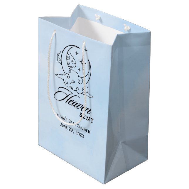 Heaven Sent Baby Dusche Blue Moon Stars Mittlere Geschenktüte (Rückseite Schrägansicht)