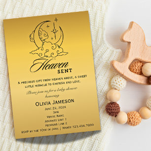 Heaven Sent Baby Shower Gold Moon Stars Einladung