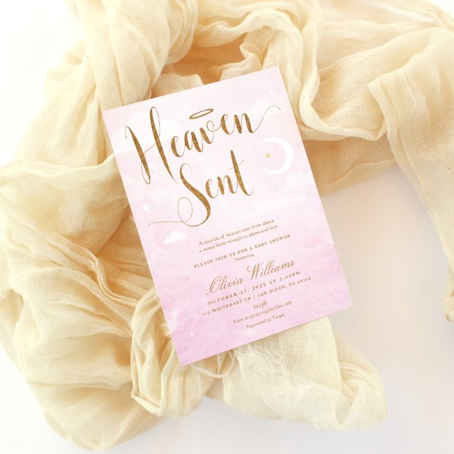 Heaven Sent Baby Shower Pink and Gold  Einladung (Heaven sent baby shower invitation in blush pink and gold)