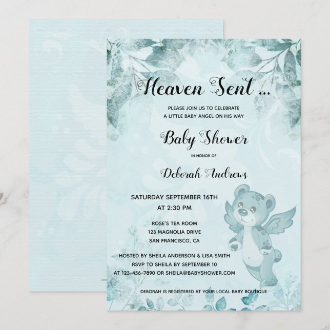 Heaven Sent Bear Angel Baby Dusche Einladung (Vorne/Hinten)
