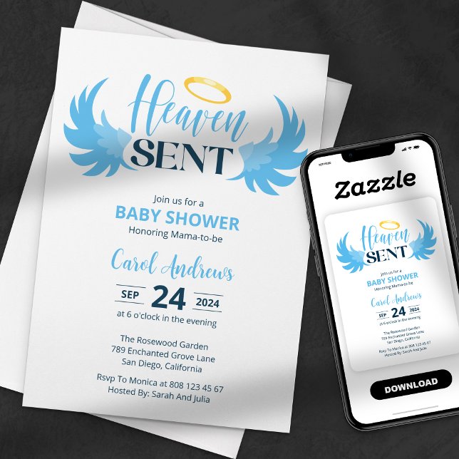 Heaven Sent Blue Angel Wings Baby Dusche Einladung (Von Creator hochgeladen)
