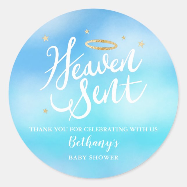 Heaven Sent Blue Baby Dusche Gefallen Runder Aufkleber (Vorderseite)