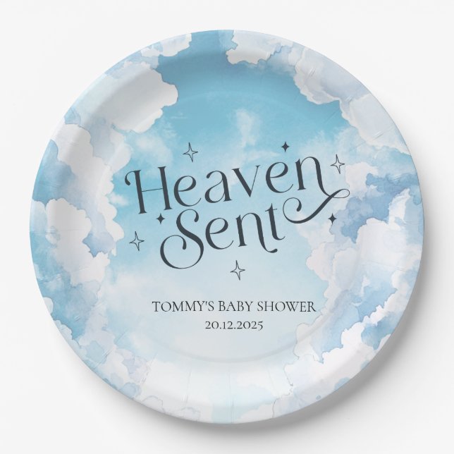 Heaven Sent Blue Sky Clouds Baby Dusche Custom Pappteller (Vorderseite)