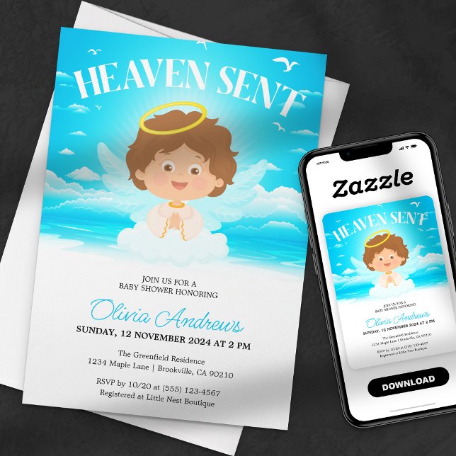 Heaven Sent Boy Niedlich Angel Blue Baby Dusche Einladung (Von Creator hochgeladen)