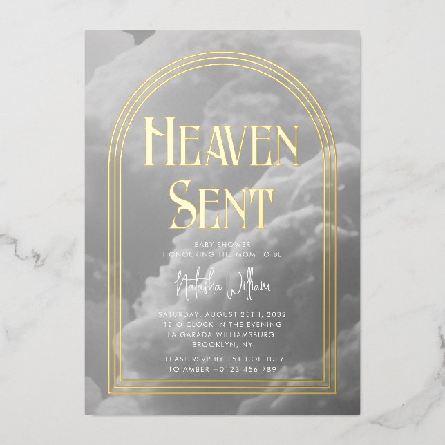 Heaven Sent Clouds Golden Neutral Baby Dusche Folieneinladung (Vorderseite)