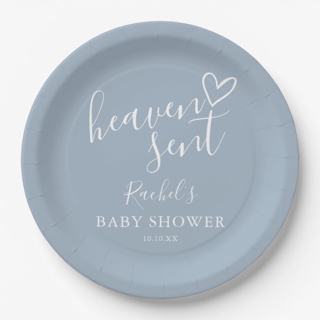 Heaven Sent Dusty Blue Boy Baby Dusche Pappteller (Vorderseite)