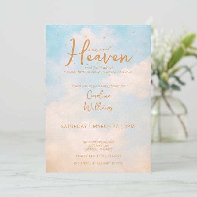 Heaven Sent Gold Gender Neutral Baby Dusche Einladung (Stehend Vorderseite)
