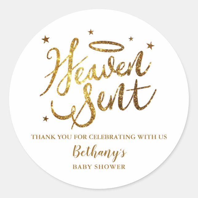 Heaven Sent Gold Glitzer Baby Dusche Gefallen Runder Aufkleber (Vorderseite)