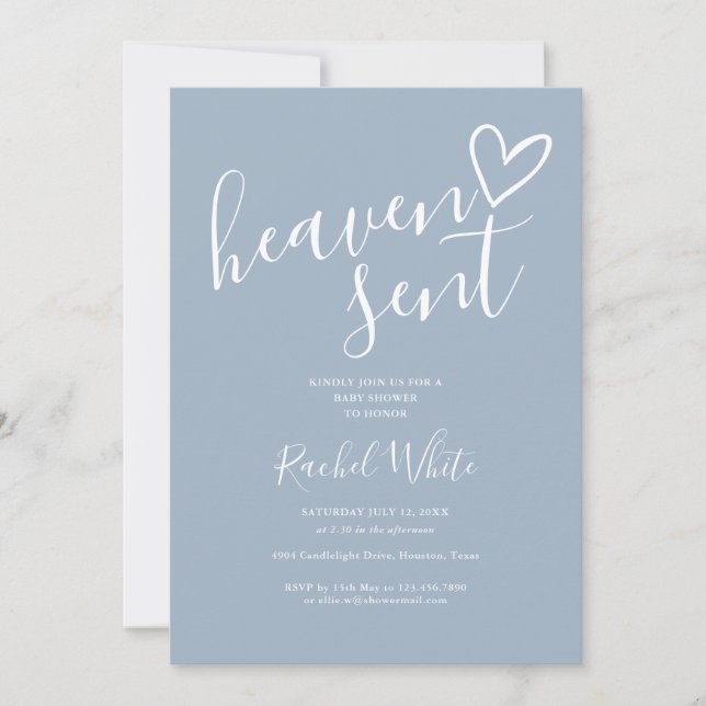 Heaven Sent Heart Dusty Blue Boy Baby Dusche Einladung (Vorderseite)