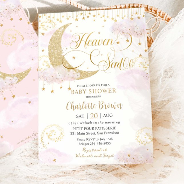 Heaven Sent Moon and Stars Pink Gold Baby Shower Einladung (Von Creator hochgeladen)