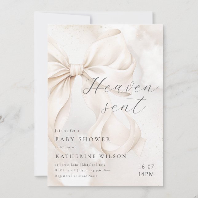 Heaven Sent Neutral Bow Baby Shower Invitation (Devant)