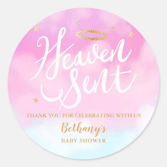 Heaven Sent Pink Baby Dusche Gefallen Runder Aufkleber (Vorderseite)