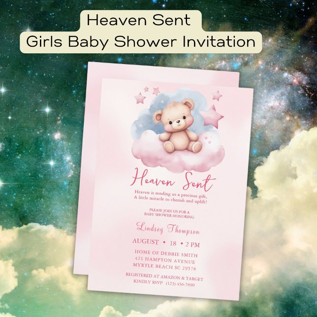 Heaven Sent Pink Bear Baby Dusche Einladung (Von Creator hochgeladen)
