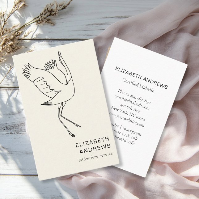 Hebamme, Storch, Beige Visitenkarte (Modern, beige business card. Line Art Illustration, Storch. for childcare, midwives and more.)