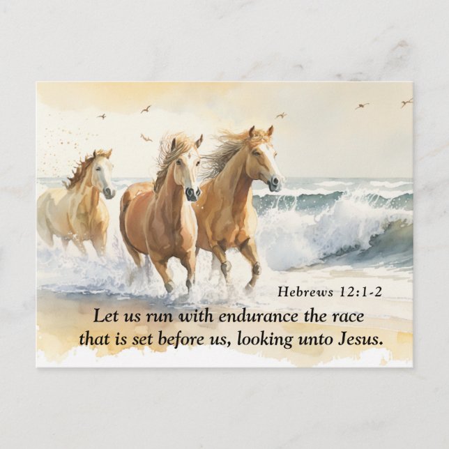Hebräer 12:1 Ließ uns mit dem Ausdauerbibelpferd z Postkarte (Vorderseite)