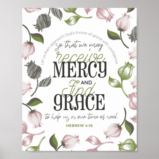 Hebräisch 4:16 Anführungszeichen mit weißer Blumen Poster (Vorne)