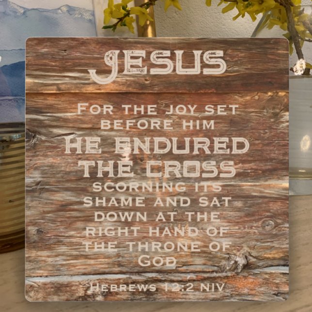 Hebräische 12:2 Osterbibel Verse Wodwohwohn Fotoplatte (Christian Easter Bible verse on photo of weathered wood. Custom text. 
)