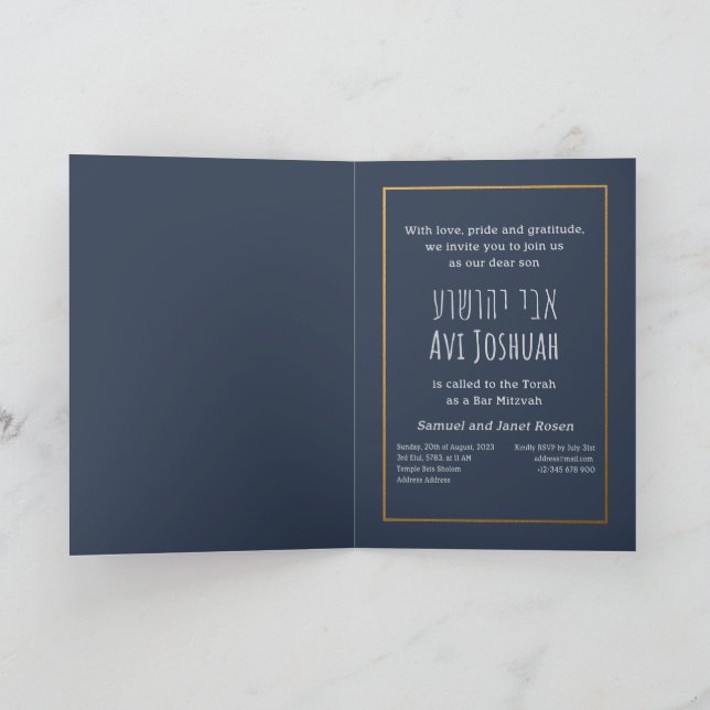 Hebräische Bar Mitzvah, Marine, Gold und Foto Einladung (Innenseite)