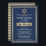 Hebräischer Name Bar Mitzvah Navy Blue White & Gol Einladung<br><div class="desc">Laden Sie Familie und Freunde zu einer eleganten Bar mitzvah Zeremonie und Feier für ihn mit dieser Marineblau, Weiß und Imitat Goldfolie Einladung. Der gesamte Text ist einfach zu verändern, sodass er jeden beliebigen Wortlaut in Bezug auf den Dienst, die Tora-Lektüre und das Party enthalten kann. Das Design besticht durch...</div>