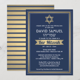 Hebräischer Name Bar Mitzvah Navy Blue White & Gol Einladung