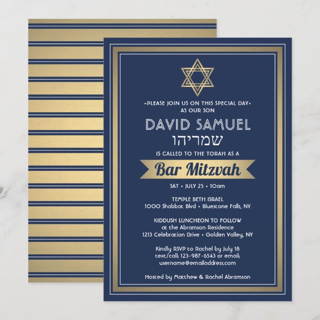 Hebräischer Name Bar Mitzvah Navy Blue White & Gol Einladung (Vorne/Hinten)