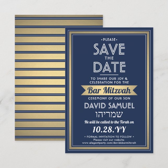 Hebräischer Name Bar Mitzvah Navy Blue White Imita Save The Date (Vorne/Hinten)