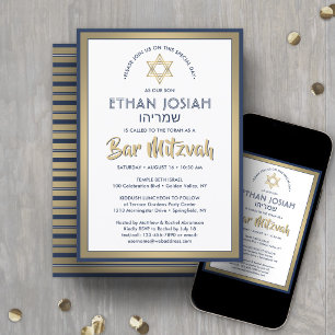 Hebräischer Name Bar Mitzwa Elegantes Gold Weiß & Einladung