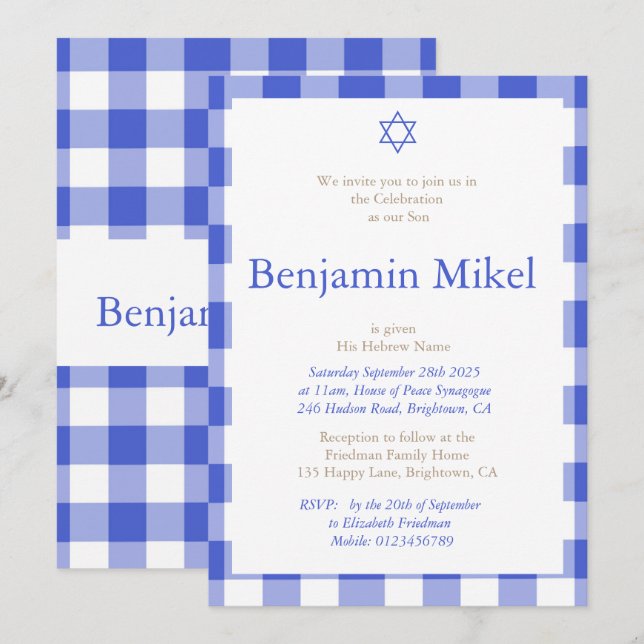 Hebrew Baby Boy Namemony Zeremony Juwish Blue Einladung (Vorne/Hinten)