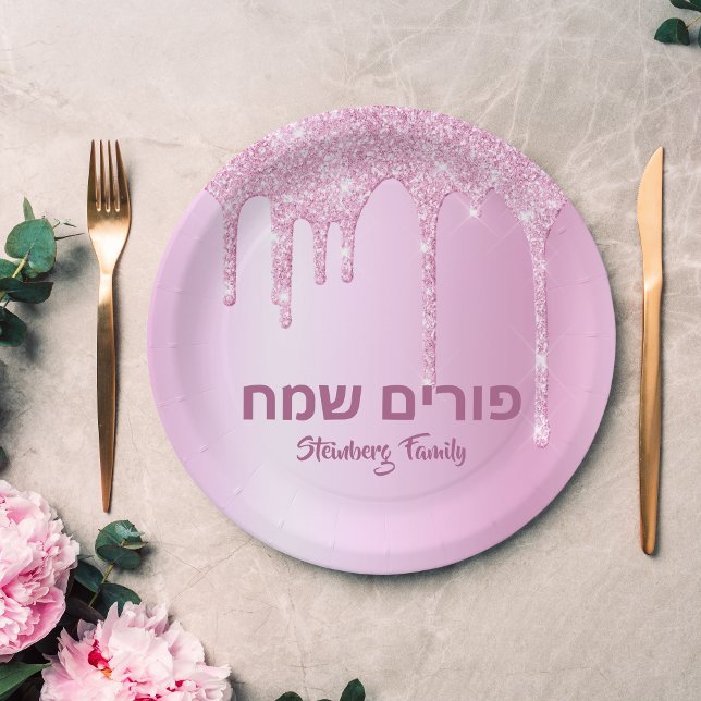 Hebrew Happy Purim Pink Glitzer Tropfen Pappteller (Von Creator hochgeladen)