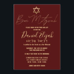 Hebrew Modern Simple Gold Burgundy Red Bar Mitzvah Einladung<br><div class="desc">Diese elegante und stilvolle Bar Mitzvah-Einladung ist die perfekte Wahl für Ihren Sohn an seinem besonderen Tag. Es zeichnet sich durch ein schlichtes und modernes Imitat Rose Gold Typografie Design mit dem Stern von David auf einem bordeauxroten Hintergrund aus. Es zeigt auch eine benutzerdefinierte Typografie des hebräischen Namens Ihres Kindes...</div>