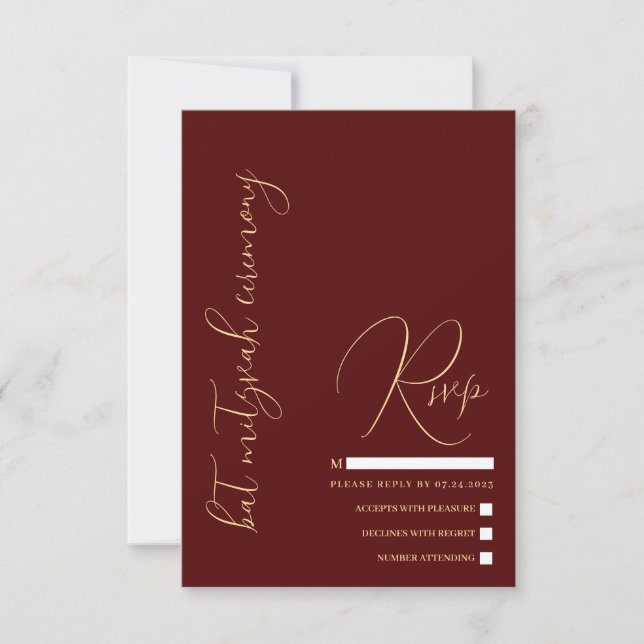 Hebrew Modern Simple Gold Burgundy Red Bat Mitzvah RSVP Karte (Vorderseite)