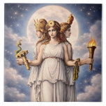 Hecate Triple Goddess Celestial Moon Art – myth Fliese<br><div class="desc">This striking celestial illustration depicts Hecate, the powerful triple-formed goddess of Greek mythology. Standing beneath a luminous full moon and star-filled night sky, Hecate appears in her traditional three-faced form representing the mysteries of the crossroads, the night, and the unseen realms. Each aspect of the goddess holds sacred symbols associated...</div>