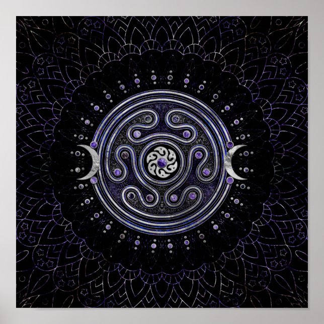 Hecate Wheel Ornament mit Amethyst und Silber Poster (Vorne)