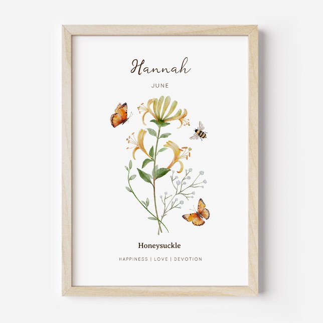 Heckenkirsche Geburtsmonats-Blumenposter Poster (Example of honeysuckle birth flower poster once framed. )