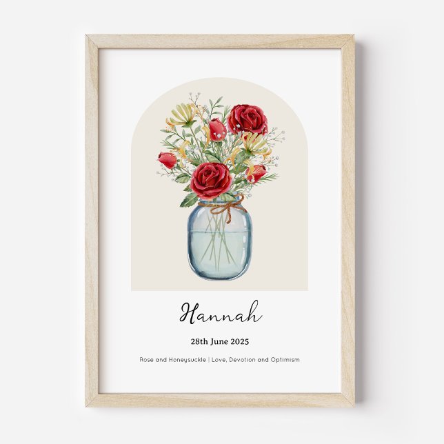 Heckenkirsche Rose Geburtsmonats-Blumenposter Poster (Personalised June Birth Month Flower Bouquet in Vase Poster | Rose and Honeysuckle.)