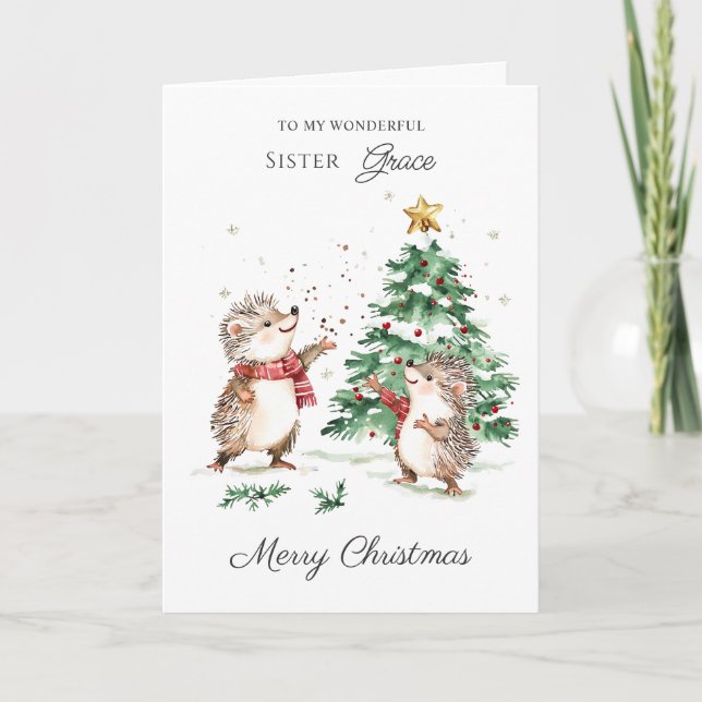 Hedgehog Christmas Family Sister Karte (Vorderseite)