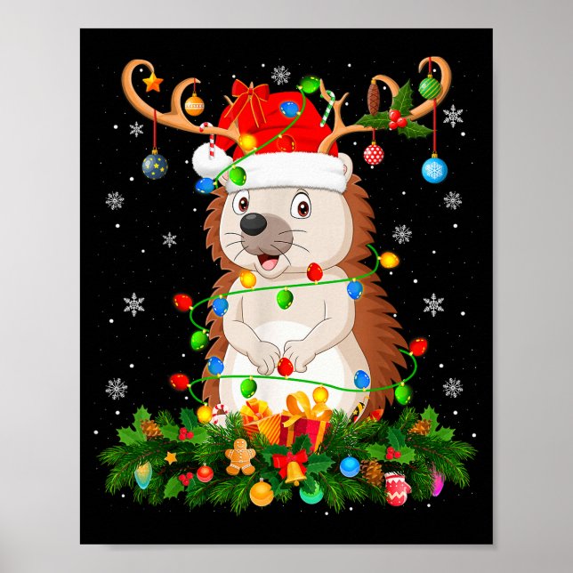 Hedgehog Christmas Lights Reindeer Santa Hat Adult Poster (Vorne)