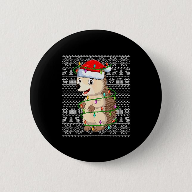 Hedgehog Christmas Lights Ugly Sweater Funny Santa Button (Vorderseite)